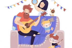 طرح لایه باز یک خانواده شاد و سرزنده در حال نواختن موسیقی و شادی
