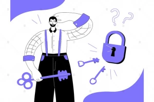 طرح لایه باز حل مساله - یک مرد با کلید در دست کنار قفل ایستاده