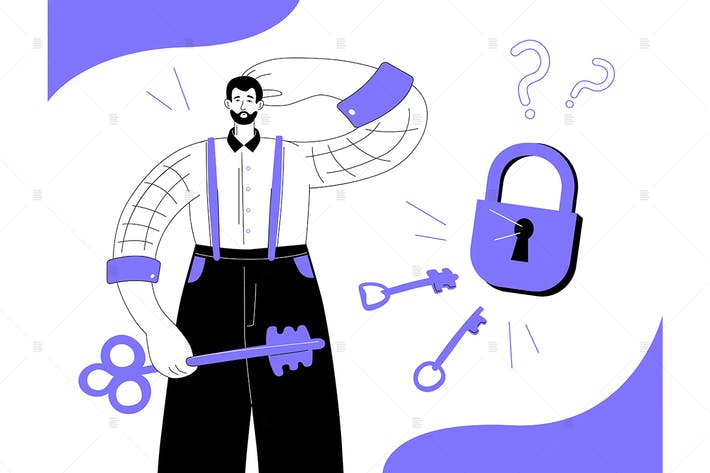 طرح لایه باز حل مساله - یک مرد با کلید در دست کنار قفل ایستاده