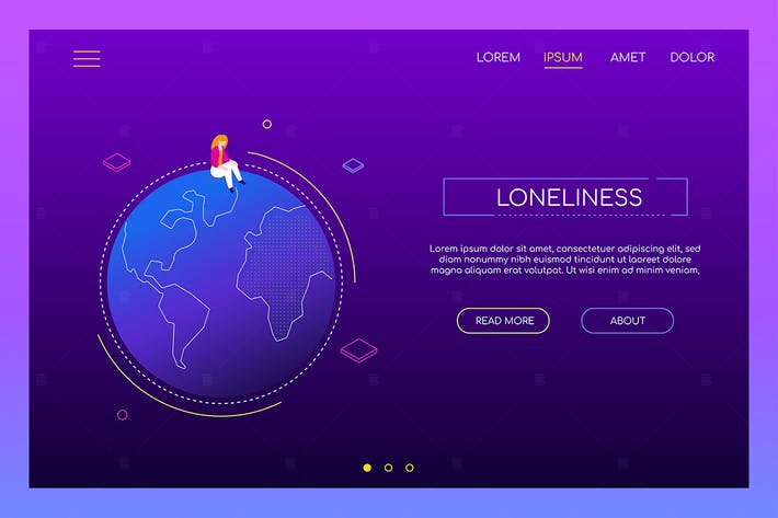 طرح ایزومتریک بنر مدرن وب با موضوع تنهایی به رنگ بنفش