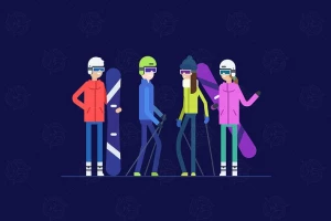 طرح فلت لایه باز چهار شخصیت با لباس و لوازم اسکی روی برف