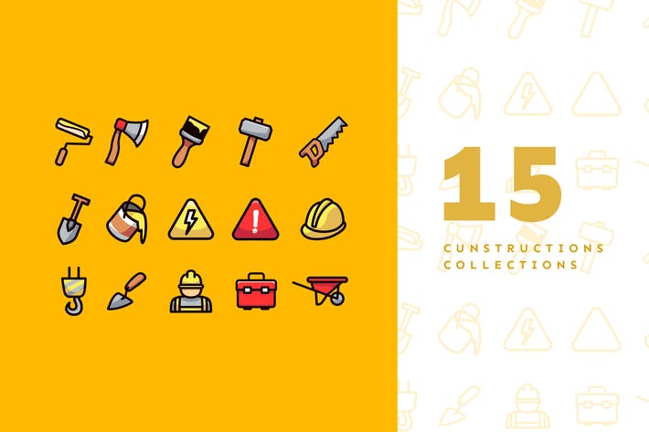 مجموعه 15 آیکن تخت خطی مرتبط با ساخت و ساز
