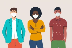 یک زن و دو مرد که برای پیشگیری از ویروس کرونا ماسک زده‌اند
