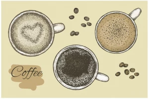 وکتور سه فنجان قهوه به همراه دانه‌های قهوه