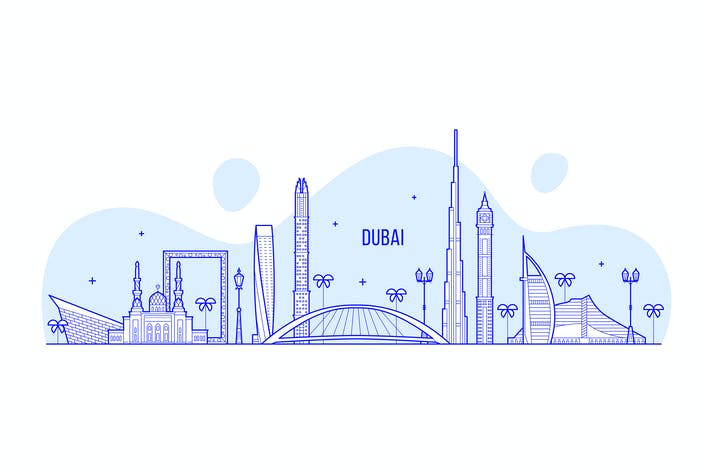 نمایش کلی خطی شهر و آسمان خراش‌های دبی در امارات