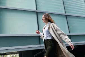یک خانم کارمند زیبا و جذاب در حال راه رفتن