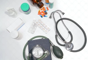 گوشی و تجهیزات پزشکی در کنار قرص و داروهای مختلف