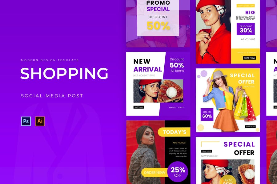 7 قالب پست اینستاگرام فروشگاهی با تم بنفش و آبی