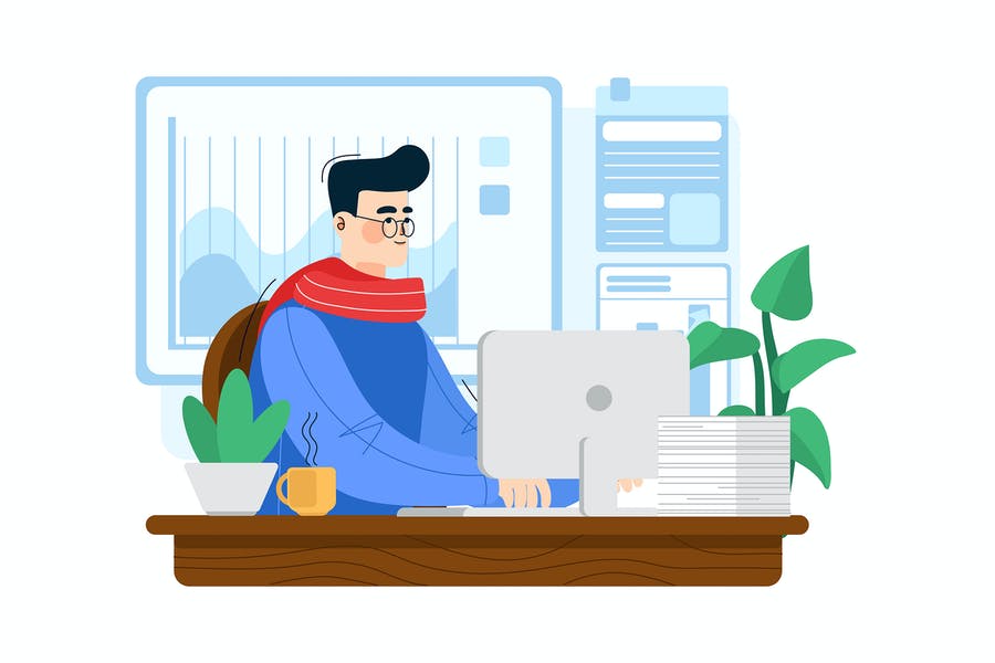 مردی با عینک در حال استفاده از کامپیوتر در محل کار