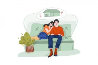 زوجی که روی مبل نشسته‌اند به خانه جدیدشان فکر می‌کنند