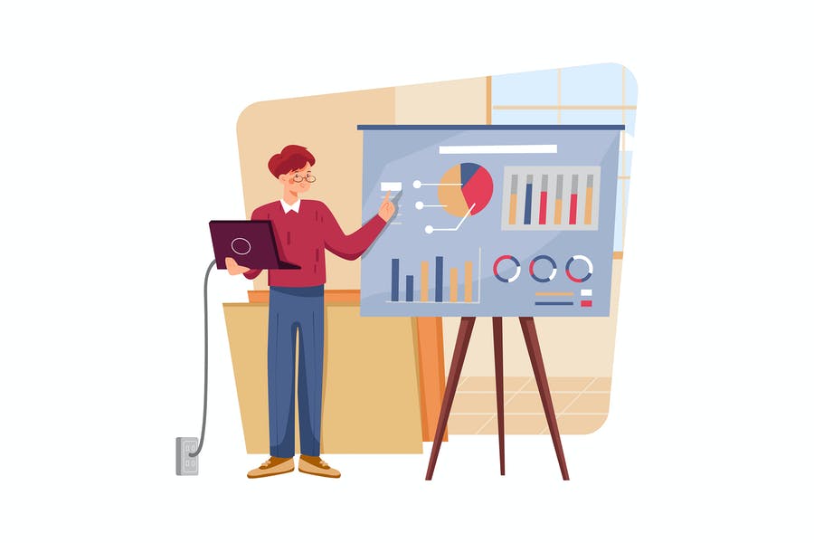 مردی در نمایش چارت و آمار در سیمنار