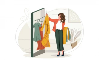 خانم در حال انتخاب لباس در فروشگاه آنلاین