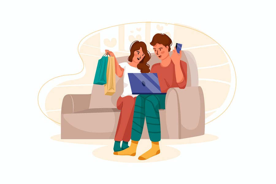 یک زوج خوشحال در حال خرید اینترنتی