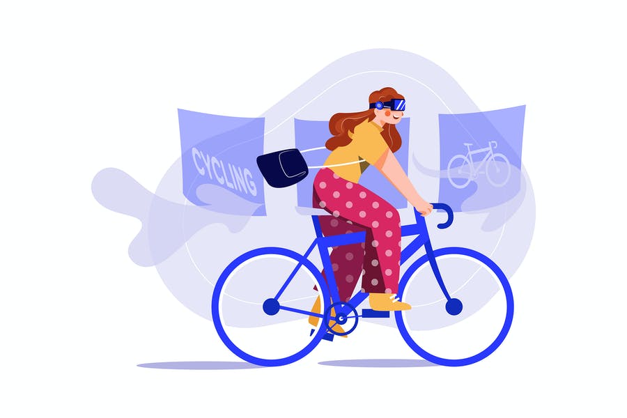 وکتور دختری در حال دوچرخه سواری با واقعیت مجازی