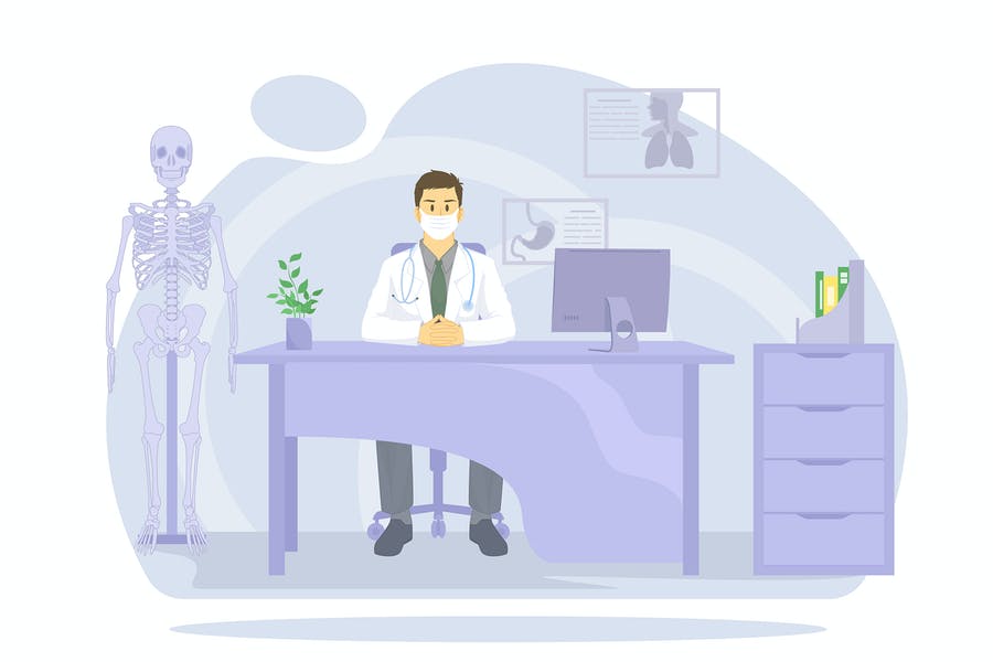 طرح لایه باز پزشک در اتاق کار با ماسک